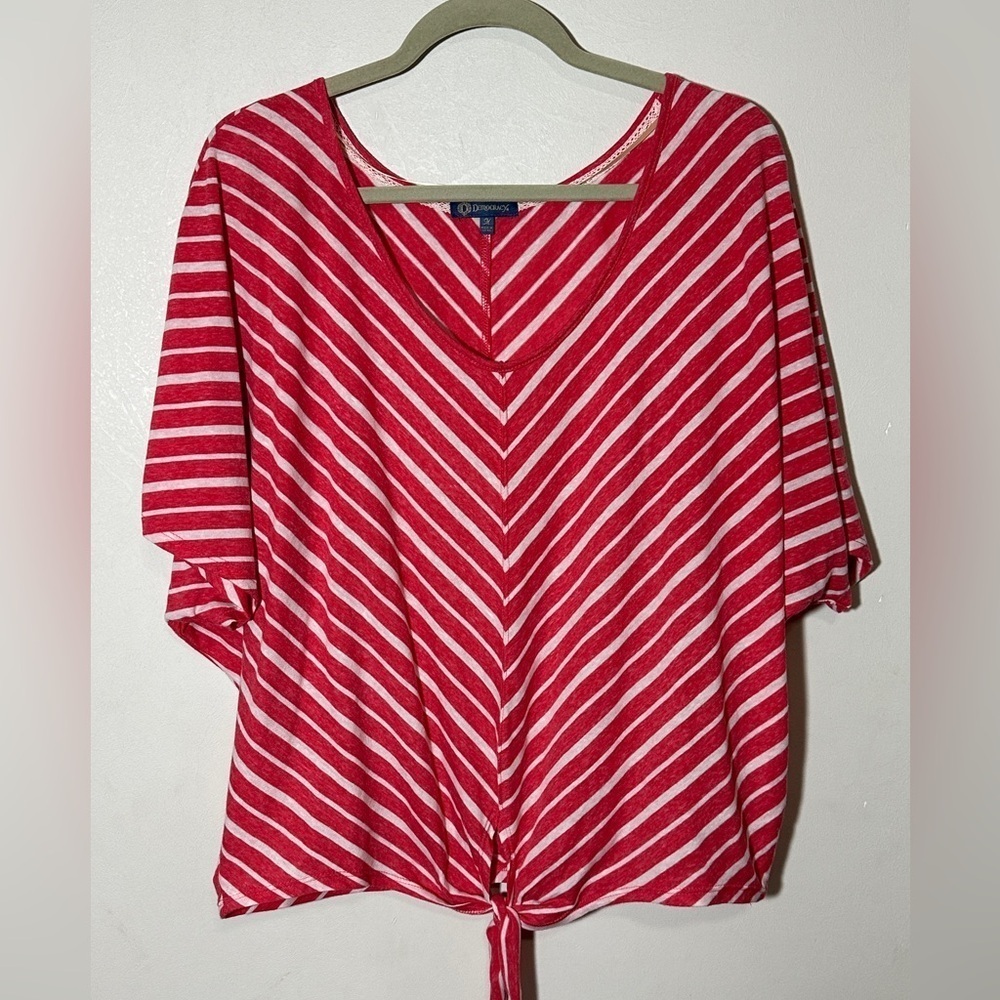 Democracy Pink White Striped Scooped Neck Keyhole Tie Dolman Sleeves Sz M Artsy